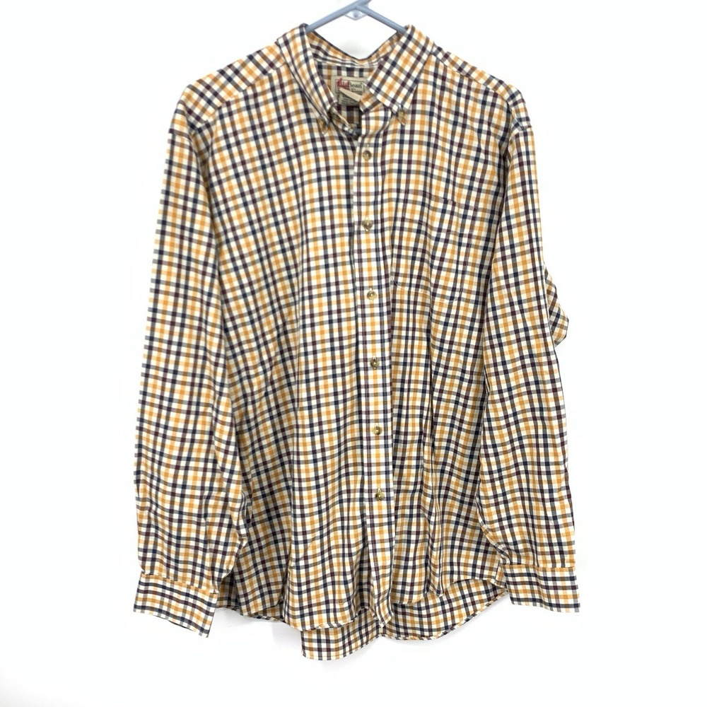 LL Bean Men Size Large Shirt Button Down Top Brown Yellow Checkered Plaid Cotton